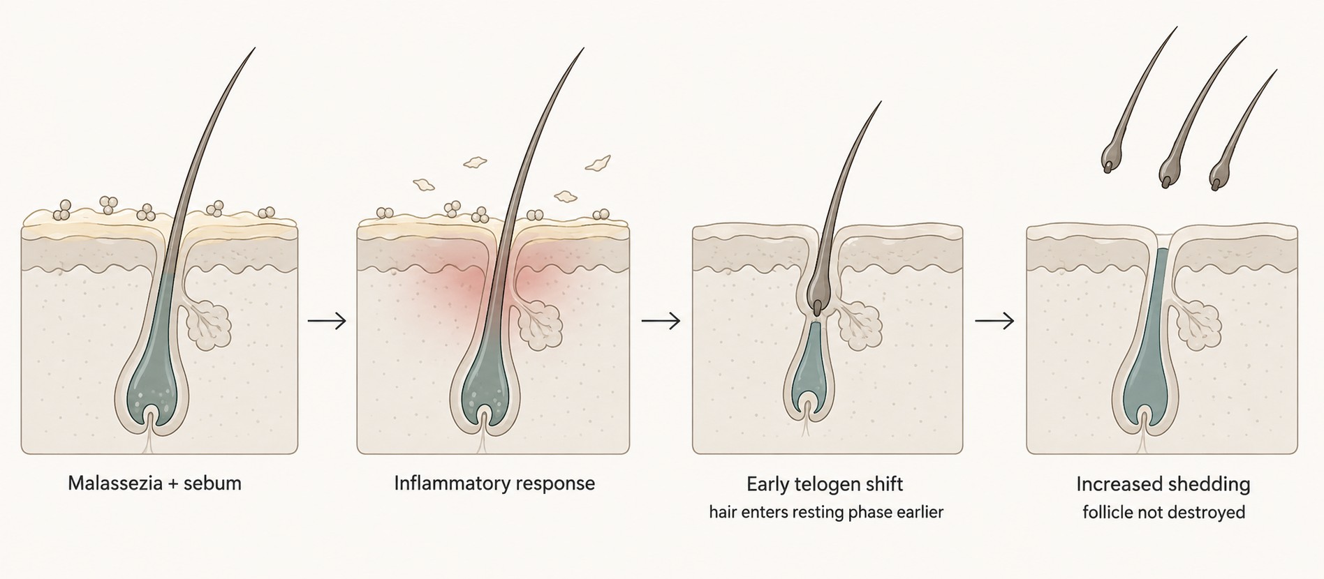 Does Dandruff Cause Hair Loss? Seborrheic Dermatitis and Shedding 2 Four-stage diagram showing how seborrheic dermatitis increases hair shedding: Malassezia and sebum on the scalp trigger an inflammatory response, the hair enters its resting phase earlier than normal and sheds, while the follicle itself remains intact.
