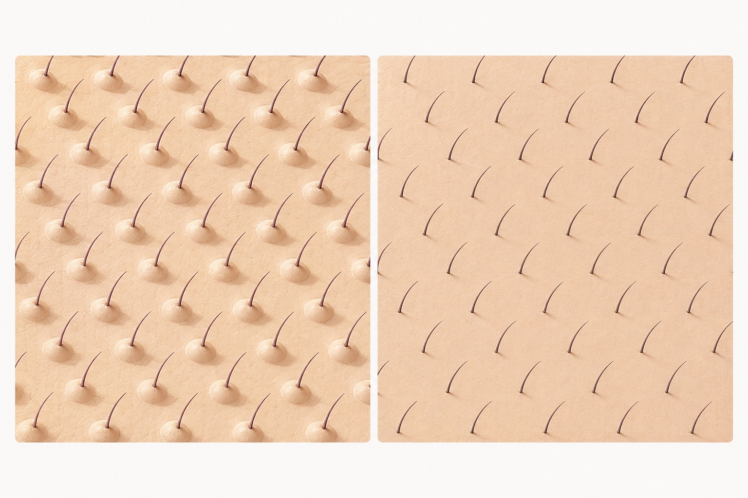 Cobblestoning After a Hair Transplant: Cause, Timeline and Correction 2 Side-by-side comparison of a cobblestoned recipient area with raised graft sites and a normally healed, flat scalp surface