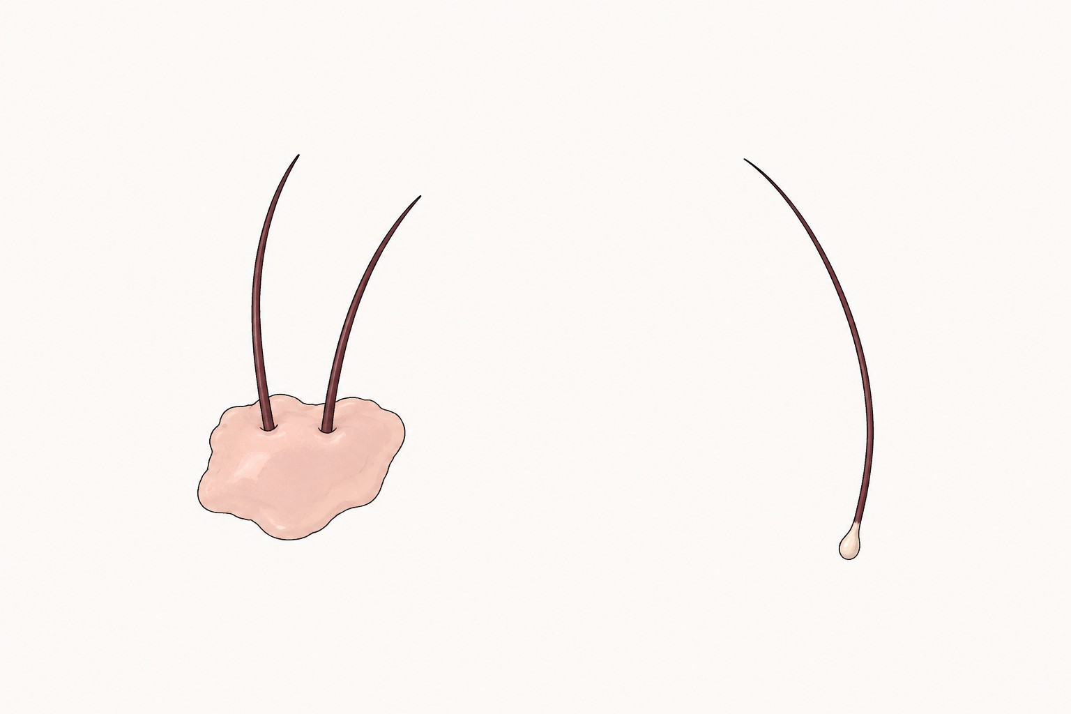 What a Dislodged Hair Graft Looks Like — and What It Does Not 3 A dislodged hair graft with tissue attached, next to a normal shed hair with a small pale club at the end and no tissue