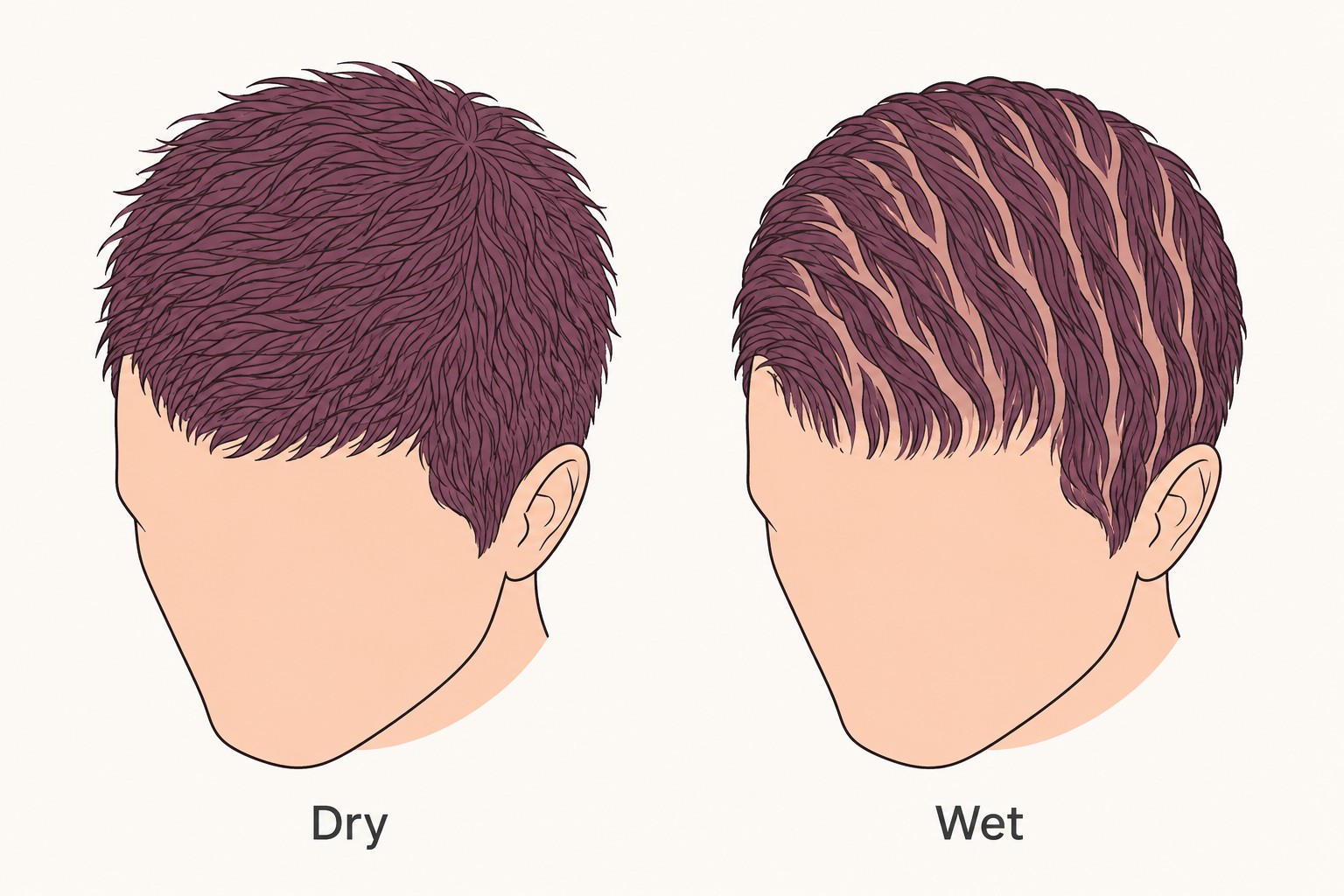 Is It Normal to See Your Scalp When Your Hair Is Wet? 2 The same head of hair dry and wet: dry strands spread and cover the scalp, wet strands clump together and let scalp show between them