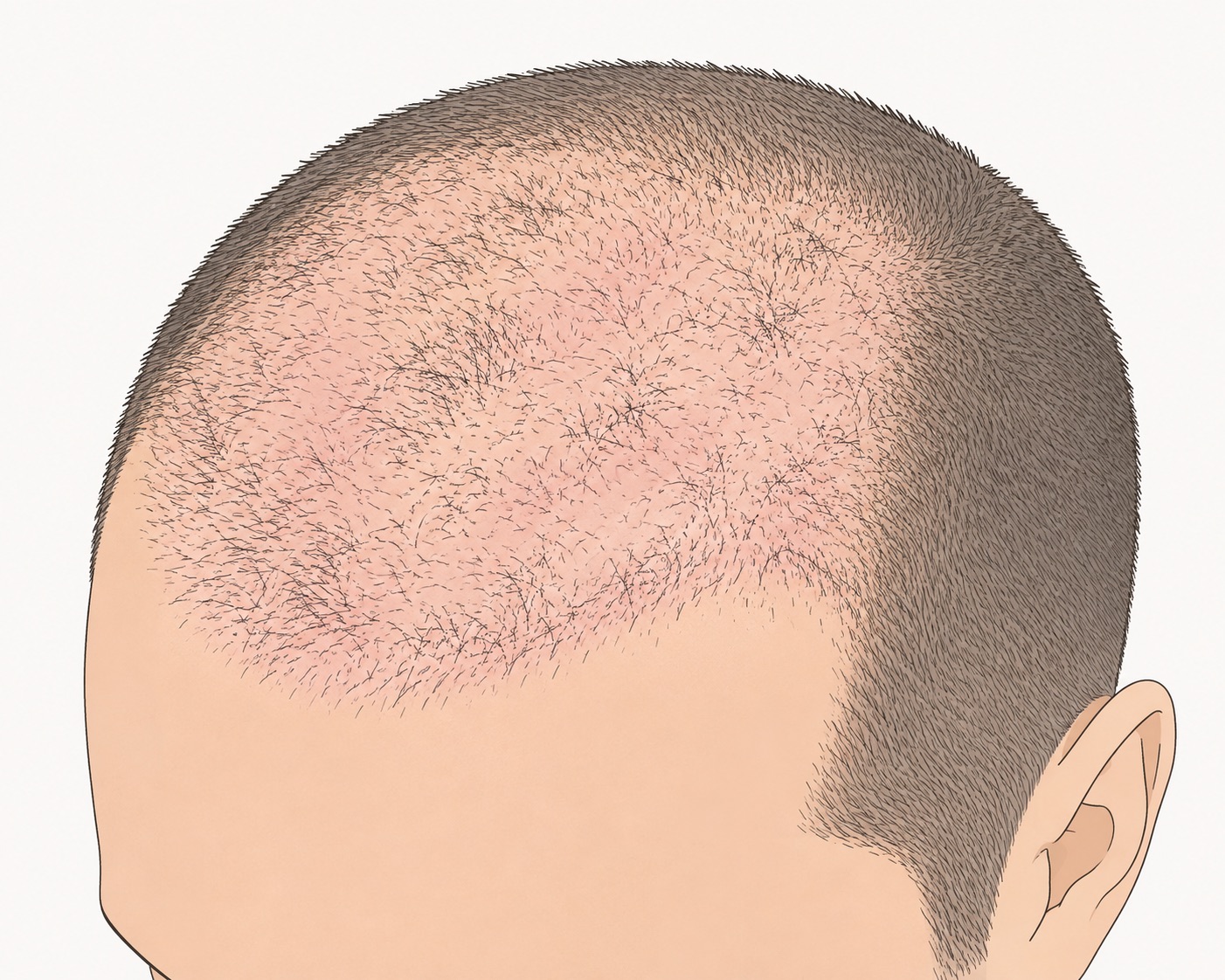 Hair Transplant After 3 Months: What Is Normal and What Is Not 2 Recipient area three months after a hair transplant: sparse, fine, unevenly distributed early regrowth with the scalp still visible between the hairs
