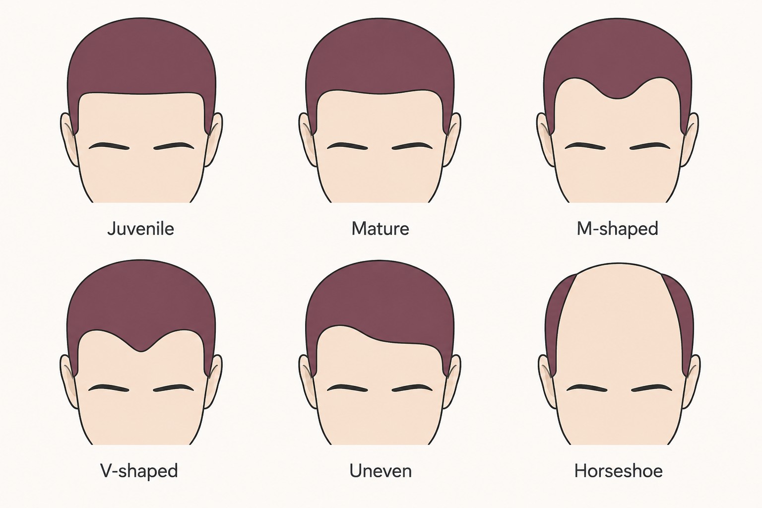M Shaped Hairline: What It Means, and the Haircuts That Suit It 2 Six male hairline shapes compared: juvenile, mature, M-shaped, V-shaped, uneven and horseshoe